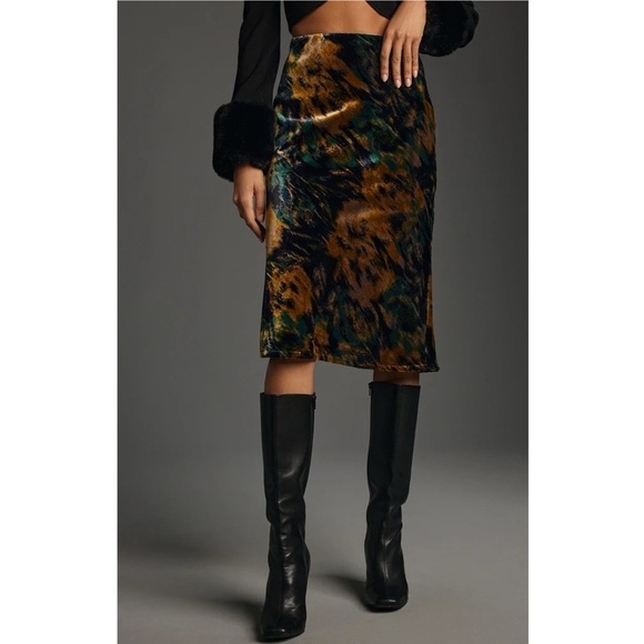 By Anthropologie The Tilda Velvet Slip Skirt Dar Turquoise Abstract - Picture 2 of 12